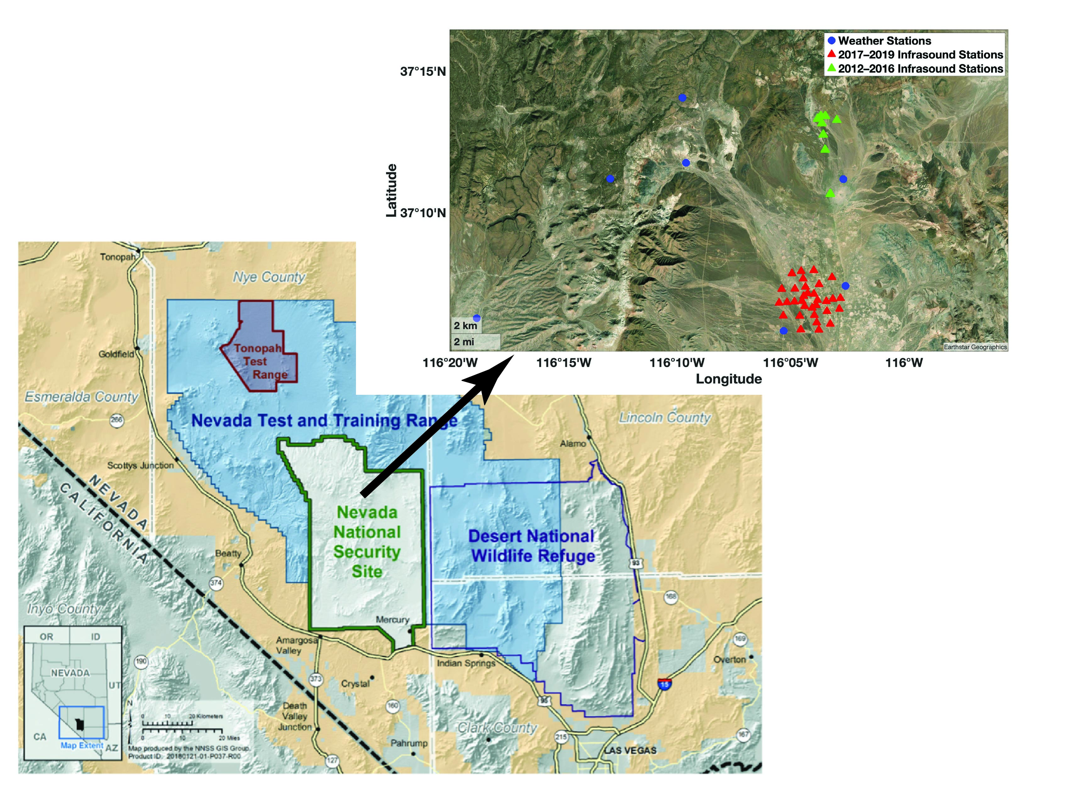 Field site map including the positions of Weather Stations and Infrasound Stations. Base map credit: DOE/NV/03624 2021 Environmental Report.
